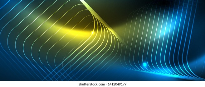 Líneas tecno brillantes neón, plantilla de fondo abstracto de alta tecnología futurista