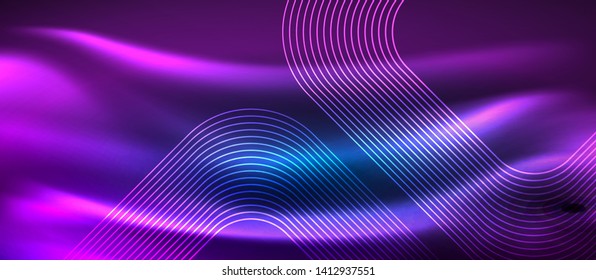 Líneas tecno brillantes de neón, plantilla de fondo abstracto de alta tecnología futurista con formas cuadradas, diseño vectorial