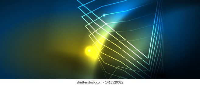 Líneas tecno brillantes neón, plantilla de fondo abstracto de alta tecnología futurista