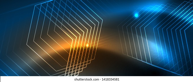 Líneas tecno brillantes neón, plantilla de fondo abstracto de alta tecnología futurista