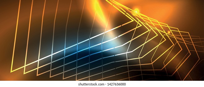 Líneas tecno brillantes neón, plantilla de fondo abstracto de alta tecnología futurista