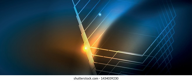 Líneas tecno brillantes neón, plantilla de fondo abstracto de alta tecnología futurista
