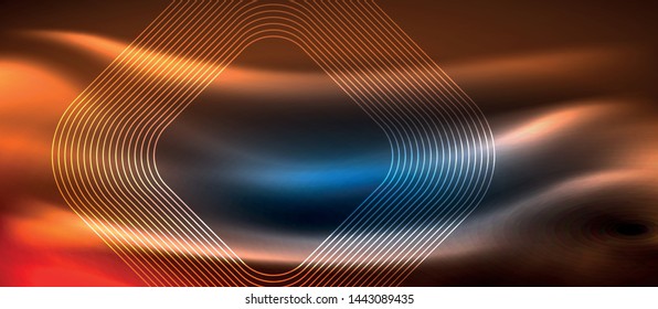Líneas tecno brillantes de neón, plantilla de fondo abstracto de alta tecnología futurista con formas cuadradas, diseño vectorial