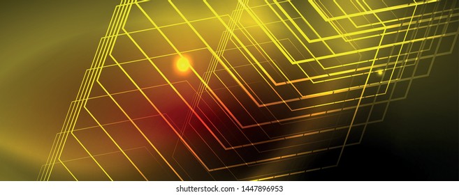 Líneas tecno brillantes neón, plantilla de fondo abstracto de alta tecnología futurista