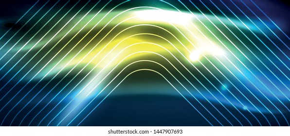 Líneas tecno brillantes de neón, plantilla de fondo abstracto de alta tecnología futurista con formas cuadradas, diseño vectorial
