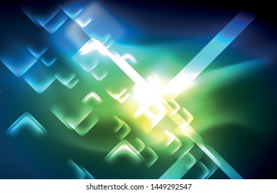 Neon glowing techno lines, hi-tech futuristic abstract background template with square shapes and lines