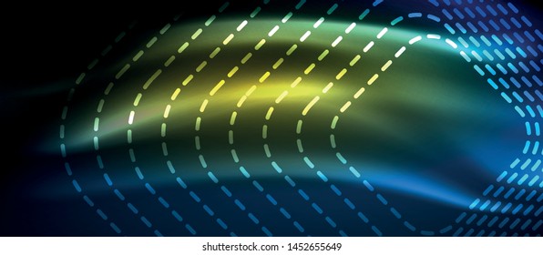 Líneas tecno brillantes de neón, plantilla de fondo abstracto de alta tecnología futurista con formas cuadradas, diseño vectorial