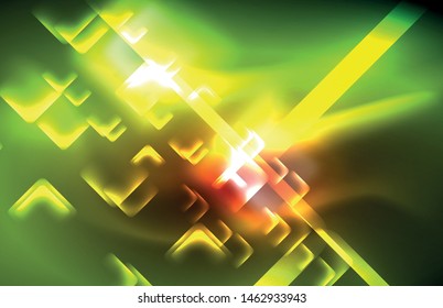Neon glowing techno lines, hi-tech futuristic abstract background template with square shapes and lines