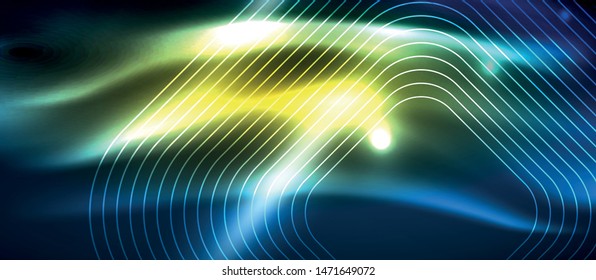 Neon glowing techno lines, hi-tech futuristic abstract background template with square shapes, vector design