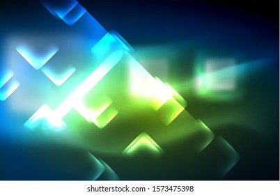 Neon glowing techno lines, hi-tech futuristic abstract background template with square shapes and lines