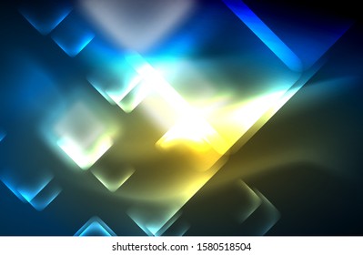 Neon glowing techno lines, hi-tech futuristic abstract background template with square shapes and lines