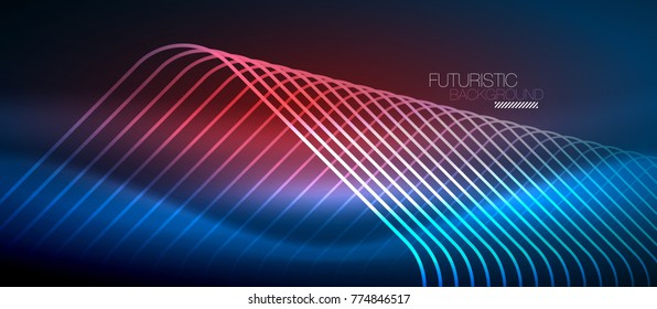 Neon glowing techno lines, hi-tech futuristic abstract background template with square shapes