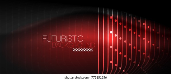 Líneas tecno brillantes neón, plantilla de fondo abstracta de color rojo futurista de alta tecnología con formas cuadradas