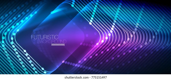 Neon glowing techno lines, hi-tech futuristic abstract background template with square shapes