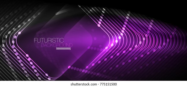 Neon glowing techno lines, hi-tech purple futuristic abstract background template with square shapes