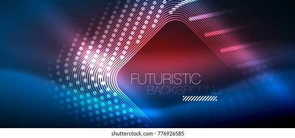 Neon glowing techno lines, hi-tech futuristic abstract background template with square shapes