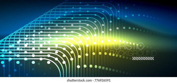Neon glowing techno lines, hi-tech futuristic abstract background template with square shapes