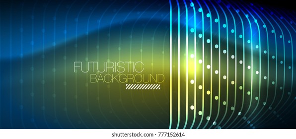 Líneas tecno brillantes de neón, plantilla de fondo abstracto de alta tecnología futurista con formas cuadradas