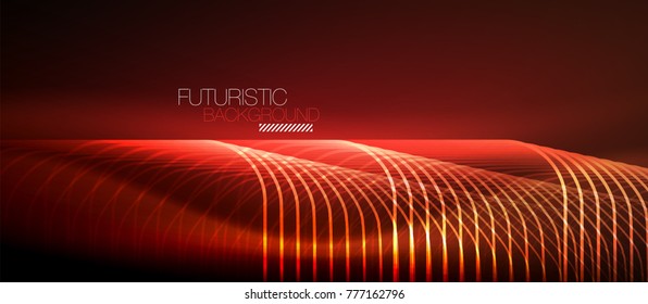 Líneas tecno brillantes neón, plantilla de fondo abstracta de color rojo futurista de alta tecnología con formas cuadradas