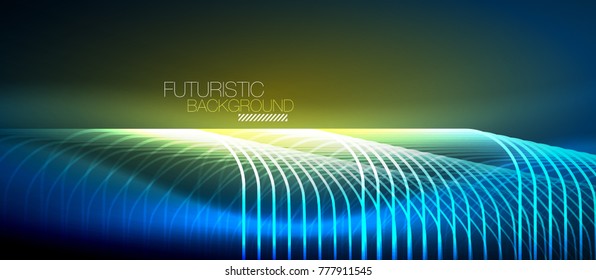 Neon glowing techno lines, hi-tech futuristic abstract background template with square shapes