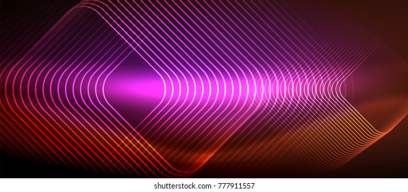 Neon glowing techno lines, hi-tech futuristic abstract background template with square shapes