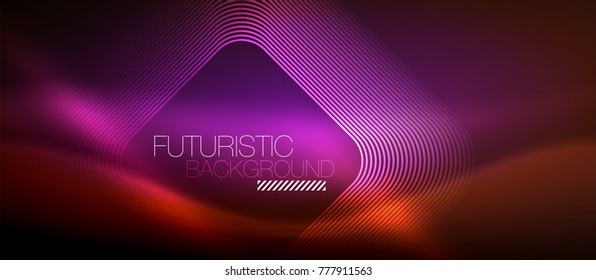 Neon glowing techno lines, hi-tech futuristic abstract background template with square shapes