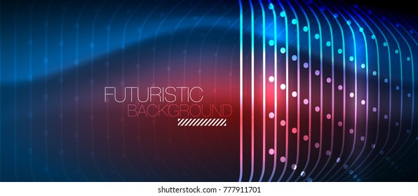 Neon glowing techno lines, hi-tech futuristic abstract background template with square shapes