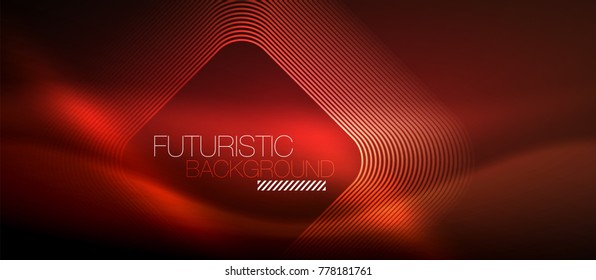 Neon glowing techno lines, hi-tech futuristic red abstract background template with square shapes