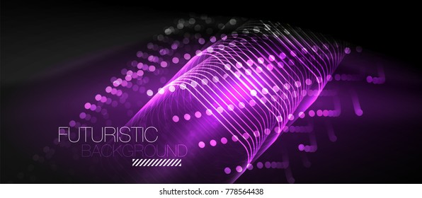 Neon glowing techno lines, hi-tech purple futuristic abstract background template with square shapes