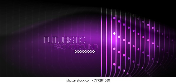 Neon glowing techno lines, hi-tech purple futuristic abstract background template with square shapes