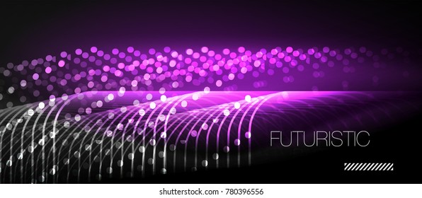Neon glowing techno lines, hi-tech purple futuristic abstract background template with square shapes