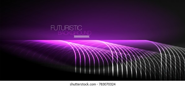 Neon glowing techno lines, hi-tech purple futuristic abstract background template with square shapes