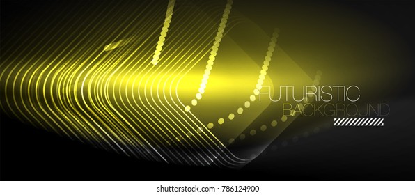 Líneas tecno brillantes neón, plantilla de fondo abstracta verde futurista de alta tecnología con formas cuadradas