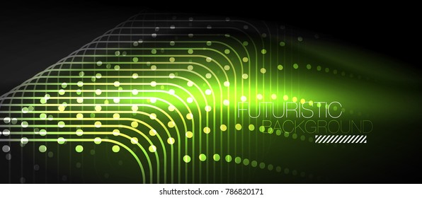 Líneas tecno brillantes neón, plantilla de fondo abstracta verde futurista de alta tecnología con formas cuadradas