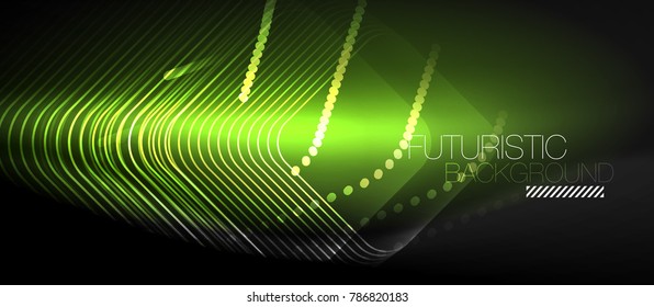 Neon glowing techno lines, hi-tech green futuristic abstract background template with square shapes