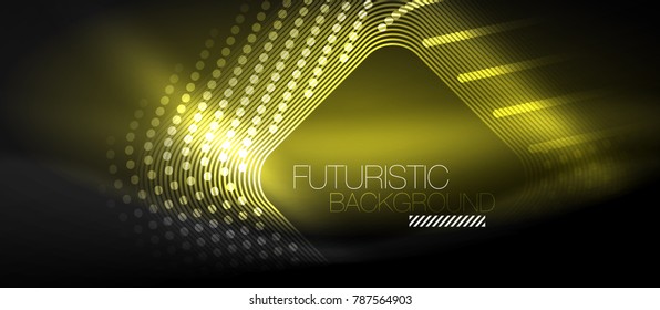 Neon glowing techno lines, hi-tech green futuristic abstract background template with square shapes