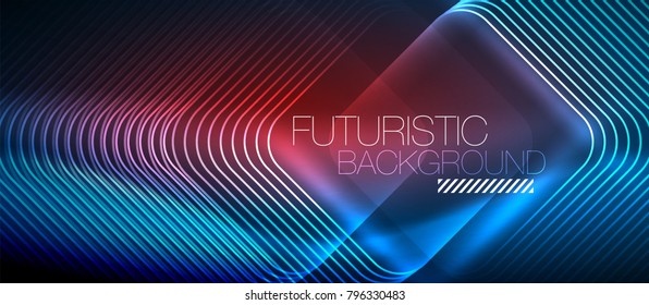 Neon glowing techno lines, hi-tech futuristic abstract background template with square shapes