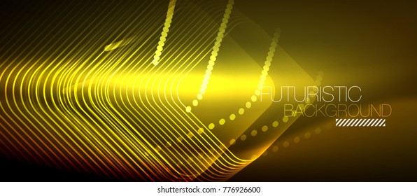 Neon glowing techno lines, yellow hi-tech futuristic abstract background template with square shapes