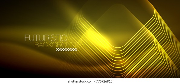 Neon glowing techno lines, yellow hi-tech futuristic abstract background template with square shapes
