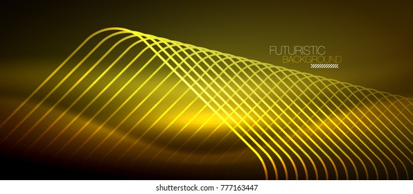 Neon glowing techno lines, yellow hi-tech futuristic abstract background template with square shapes
