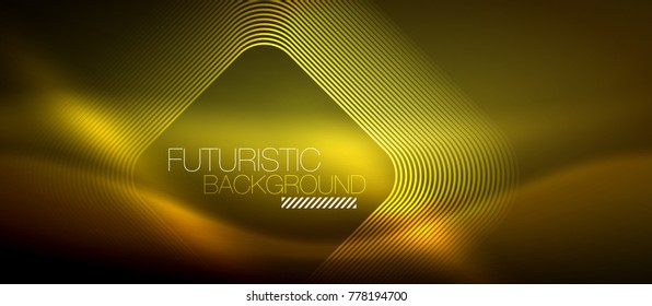 Neon glowing techno lines, yellow hi-tech futuristic abstract background template with square shapes