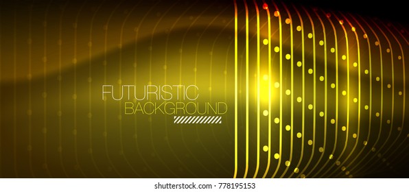 Neon glowing techno lines, yellow hi-tech futuristic abstract background template with square shapes
