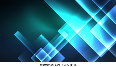 Neon glowing techno square rectangle lines, blue hi-tech futuristic abstract background template with squares shapes