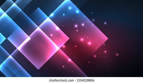Neon glowing techno square rectangle lines, blue hi-tech futuristic abstract background template with squares shapes