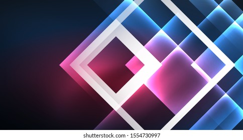 Neon glowing techno square rectangle lines, blue hi-tech futuristic abstract background template with squares shapes