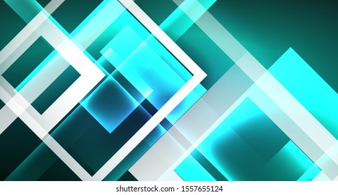 Neon glowing techno square rectangle lines, blue hi-tech futuristic abstract background template with squares shapes