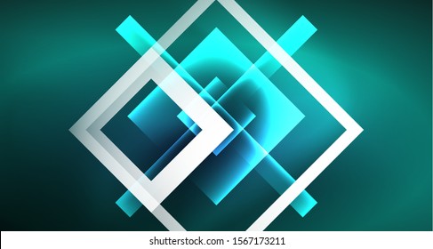 Neon glowing techno square rectangle lines, blue hi-tech futuristic abstract background template with squares shapes
