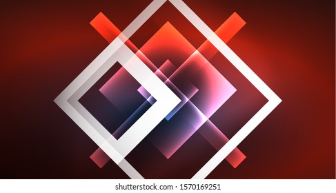 Neon glowing techno square rectangle lines, blue hi-tech futuristic abstract background template with squares shapes