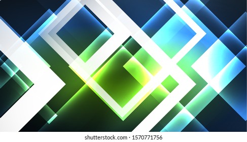 Neon glowing techno square rectangle lines, blue hi-tech futuristic abstract background template with squares shapes