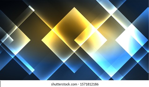 Neon glowing techno square rectangle lines, blue hi-tech futuristic abstract background template with squares shapes